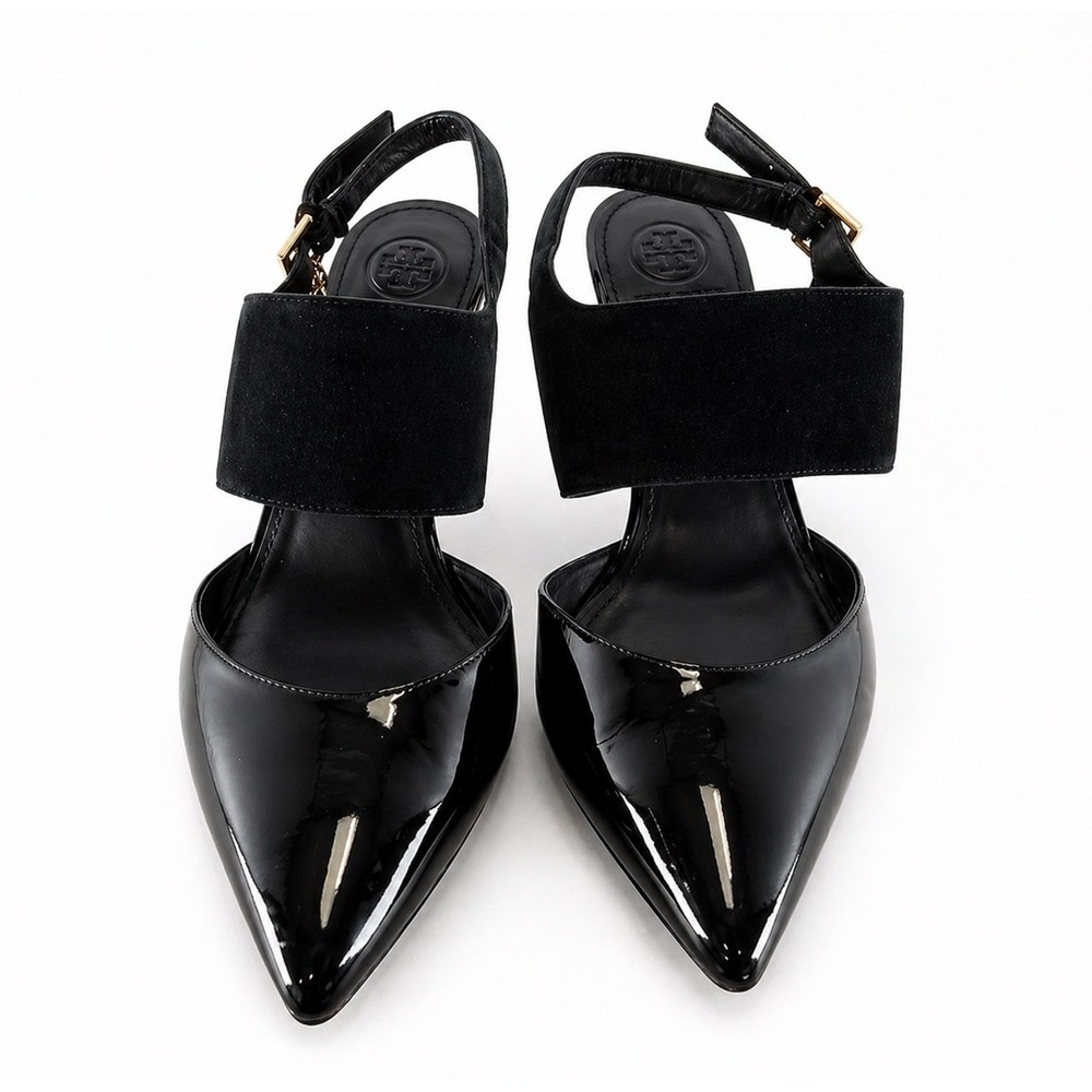 Tory Burch Slingback Pumps Women 7.5M Black Good Patent Suede Mixed Media Heel